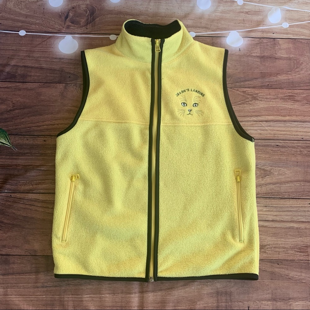 Vintage retro happy yellow fleece full zip down vest with cat face embroidered S